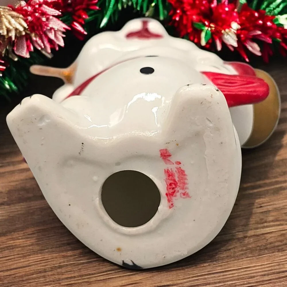 Vtg Ceramic Mouse Christmas Ornament Holding Goldtone Bell 3